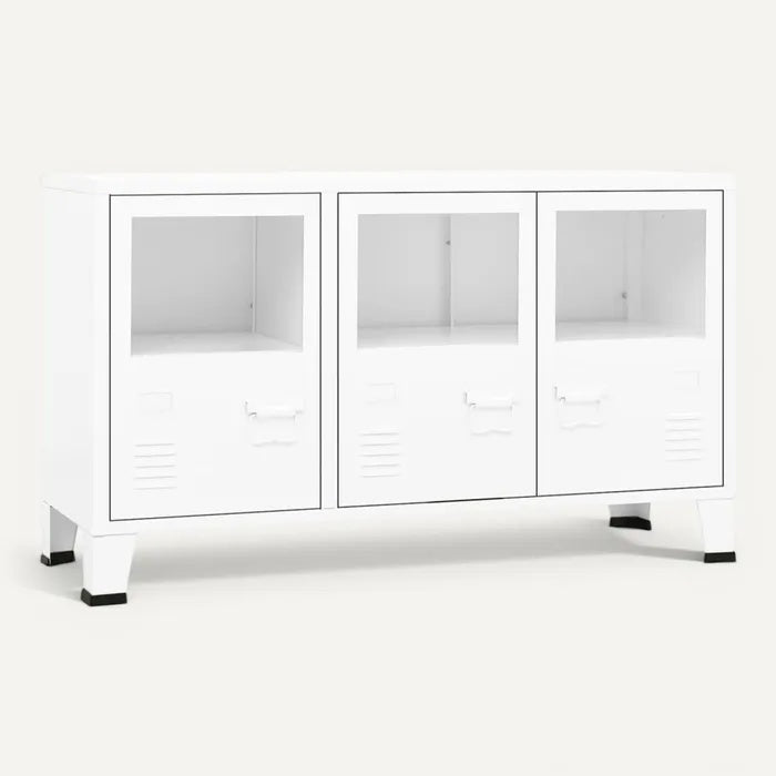 **Technische titel in het Nederlands:** **Moderne witte kast met glazen deuren en metalen afwerking**